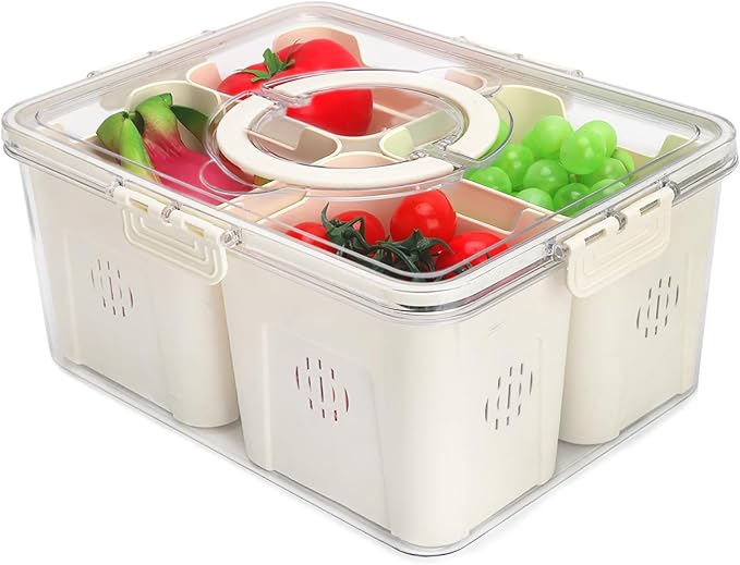 Fruit Storage Containers for Fridge with Lid and Handle, Veggie Tray Bins | Portable Fresh Produce Saver, Food Storage Container with 4 Removable Strainers,Salad Bar for Berry, Vegetable, Refrigerator