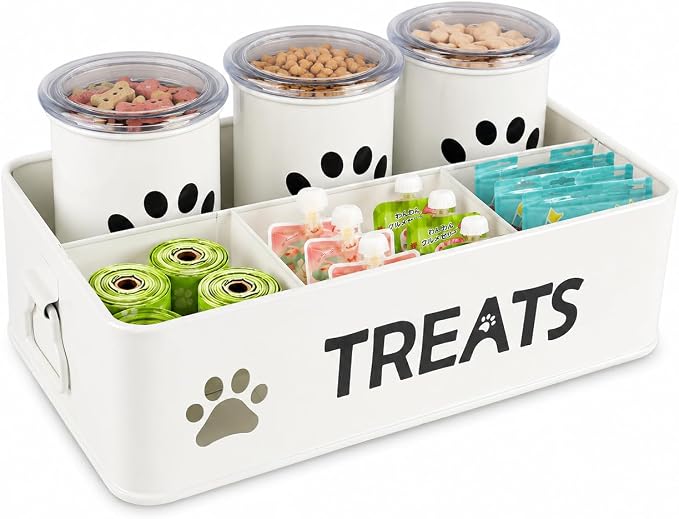 Dog Treat Organizer, 3 Pack 28 Oz Metal Dog Treat Containers with Airtight Lids, Dog Treat Jars and Canister Set for Countertop, Pet Food Treats Station for Dog Cat Biscuits, Kibble(White)