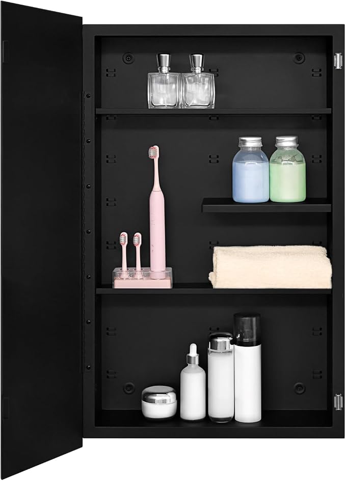 Black Metal Medicine Cabinet, 18 x 30 Beveled Mirror, Recessed Wall Storage | Bathroom Mirror Cabinet with Adjustable Staggered Shelves, Piano Hinge, Left/Right Swing, Fully Assembled, Matte Black Finish