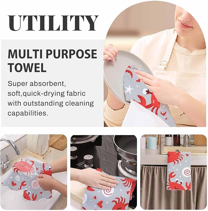 Crabs Kitchen Towels Set of 2 Cute Nautical Seafood Dish Towels Absorbent Soft Hand Tea Bar Towels for Farmhouse Home Decor 16"X24"