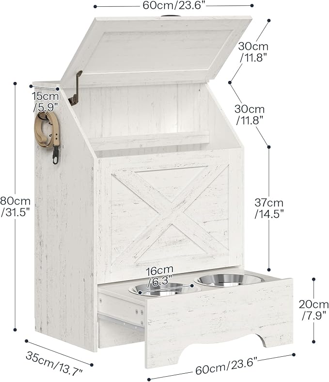 HOOBRO Dog Feeding Station with Sliding Drawer and 2 Hidden Bowls, Pet Feeding Station with Flip-Up Door, Dog Food Storage Cabinet with 2 Hooks for Living Room and Bedroom, Cloud White WT03PO03