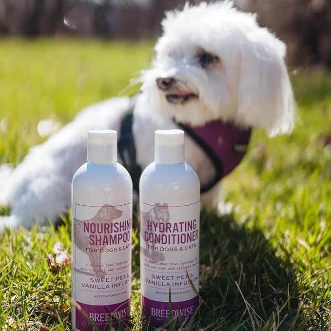 Breedwise Dog and Cat Conditioner - Moisturizing Hypoallergenic Formula for Sensitive Skin - Detangling & Smoothing Pet Cream - Sweet Pea & Vanilla Scent - 12oz - Made in USA
