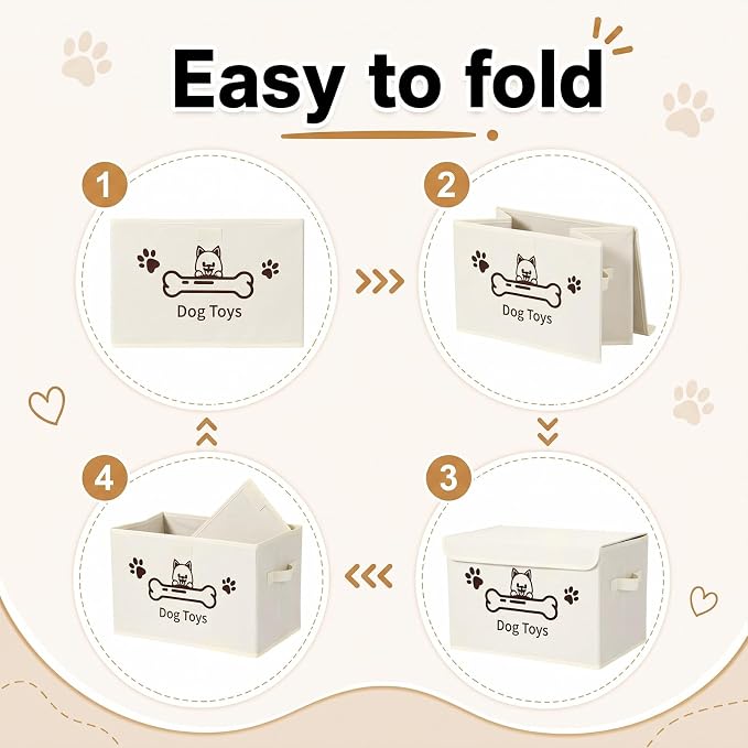 Novabright Dog Toy Basket with Lid Foldable Dog Toy Storage Bin with Clear Window Large Pet Storage Box with Handles for Pet Essentials Organization, 14.9 x 9.8 x 9.8 Inch(Beige)