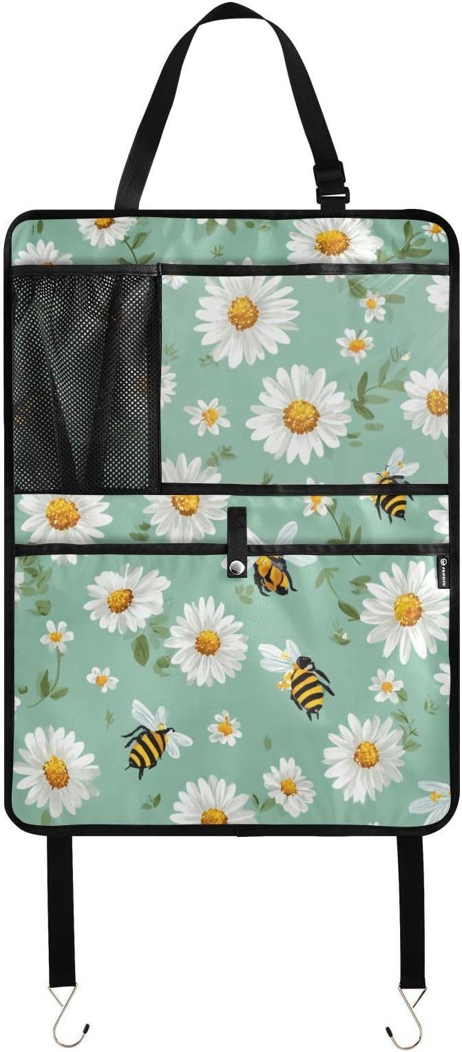 2 Pack Back Seat Car Organizer with Storage Pockets Kick Mats Back Seat Protector Hanging Car Organizer Automotive Seat Back Cover Organizers Mint Green Daisy Flowers and Bees