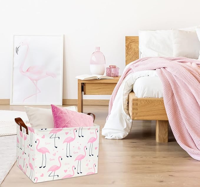Flamingo Pink Basket Nursery Storage Basket Rectangular Cute Pattern Storage Bin Organizer Book Shelf Basket Flamingo Room Decor(Love Flamingo)