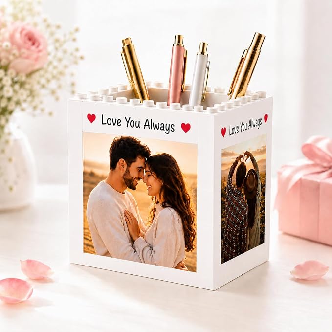 Custom Photo Building Blocks Pen Holder for Desk | 2-in-1 Personalized Photo Block Puzzle, Pencil Pot with 4-Side Image Text, Detachable Building Brick Picture Frame