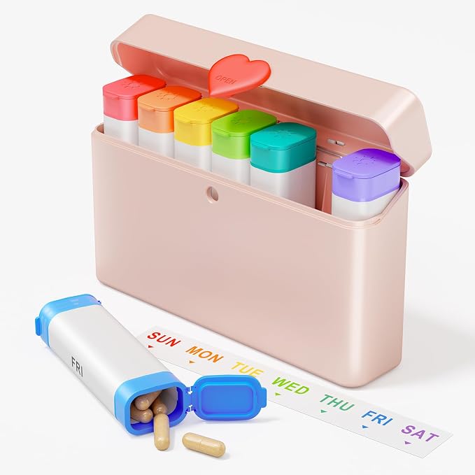 Daviky Weekly Pill Organizer 2 Times a Day, 7 Day AM PM Travel Pill Box | 14 compartments for 7-day AM PM use, compact and travel-friendly, with clear labels and secure storage for pills and vitamins