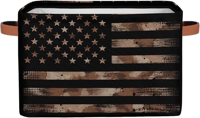 Pardick Flag Basket Storage Bins Rectangle Canvas Basket Cube Storage Box | Nursery Foldable Basket with Handle for Kids Girls Boys Toys Living Room Closet Organizer Shelf Gifts Camo Brown