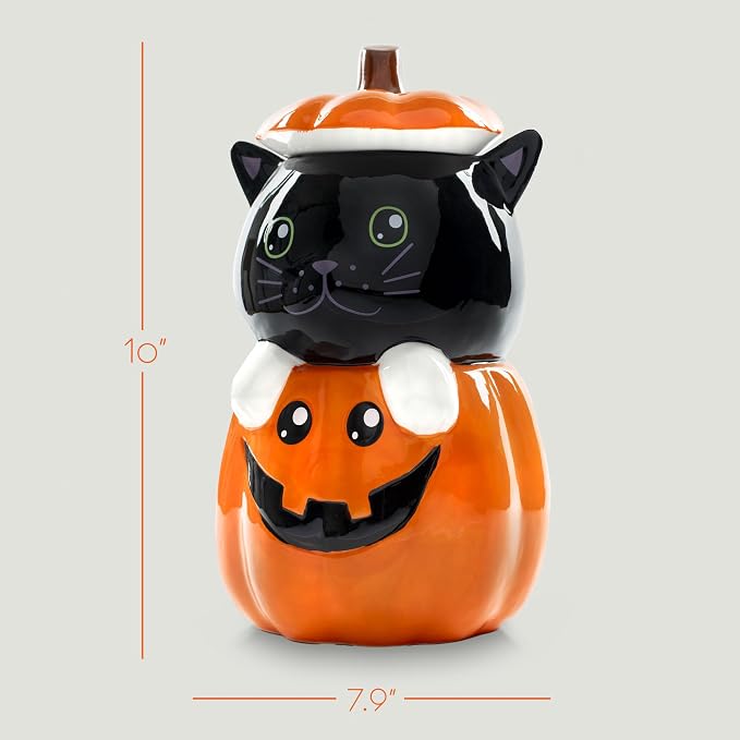 Dolomite Ceramic 11 x 6.3 Halloween Cookie & Candy Jar with Airtight Lid: Perfect for Kitchen Canisters, Pet Treat Containers & Fall Decorative Candy Dish, Black Cat Pumpkin