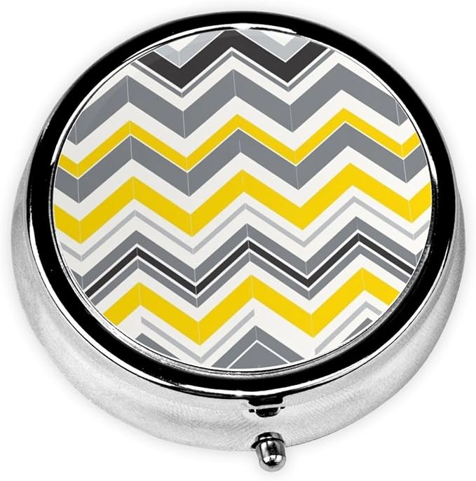 Small Travel Pill Box, Yellow Grey Gray Patterns Round Metal Organizer, 3-Compartment Case for Fish Oil, Pocket Purse Dispenser for Vacation