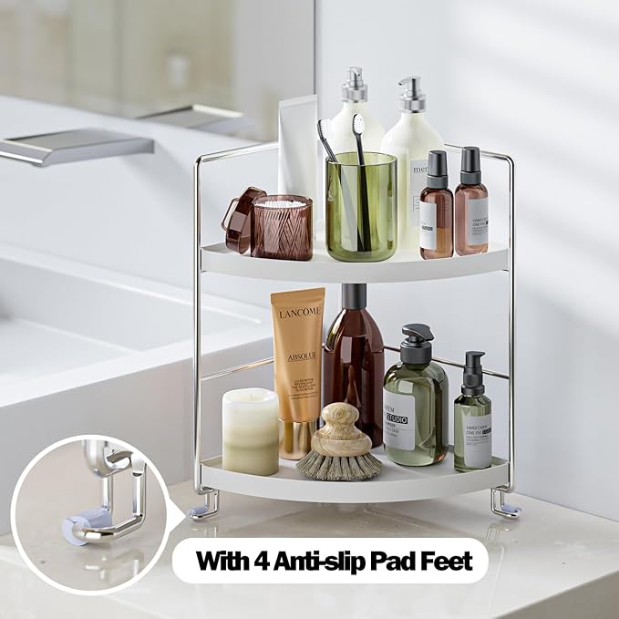 KINGNERWI 2-Tier Bathroom Counter Organizer, Vanity Corner Shelf, Silver | Makeup Skincare Storage Tray, Small Countertop Rack, Stores Cosmetics, Perfume, Seasoning, Fits Sink and Dresser
