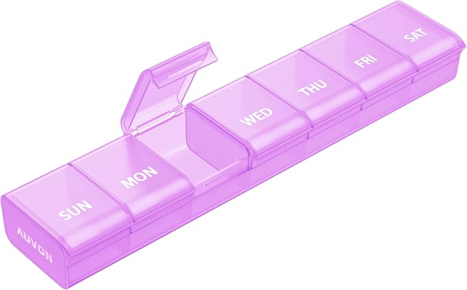 AUVON Weekly Pill Organizer with Effortless Opening Design, BPA-Free | Arthritis Friendly Pill Box, Cute Pill Organizer 7 Day, Portable Pill Case for Vitamins, Supplements and Medications, Purple