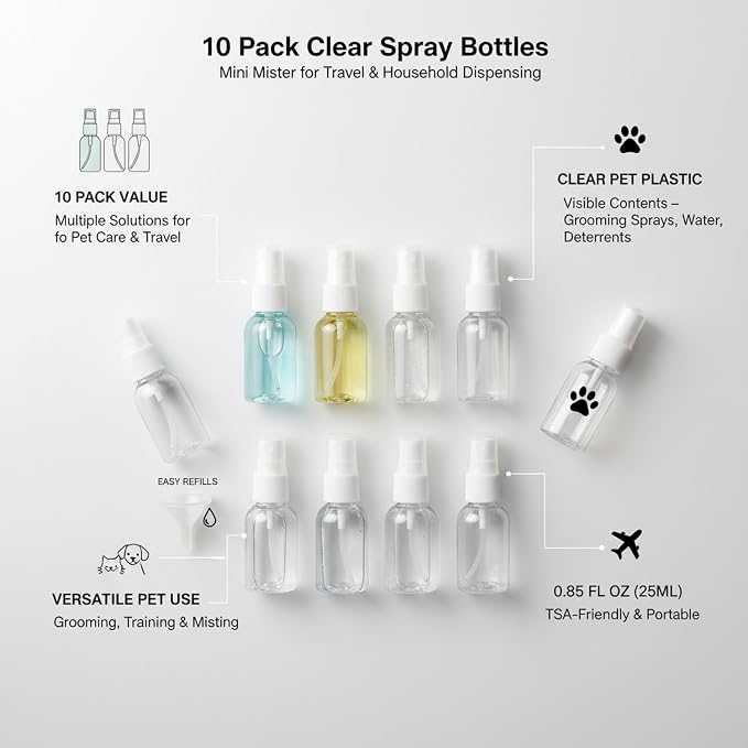 10-Pack Clear Mini Spray Bottles, 0.85 oz PET Plastic Travel Misters with Funnel for Toiletries and Household Use