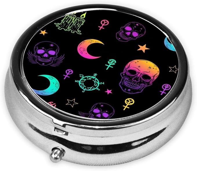 Travel Pill Case, Round Metal Organizer, Small Dispenser for Supplements, Pocket Purse Holder for Outdoor Adventures, Witch Frogs Goth Moon Skull Mushroom