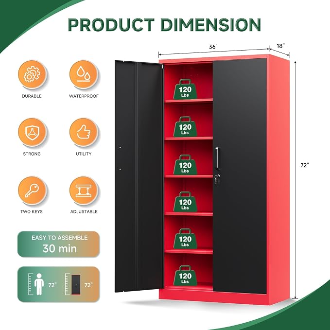 Metal Garage Storage Cabinets with Lock, 72" Tall Locker Organizer Steel Tool Cabinets,5 Adjustable Shelves 2 Doors for Home Office, Warehouse,Garage,Industrial,Employee (Black Red)