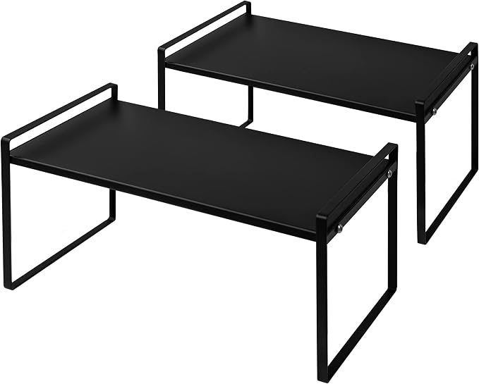 Nxconsu Stackable Cabinet Shelf Organizer 2 Pack, Standard Tall Black | Heavy-Duty 3mm Steel Stackable 2-Tier Shelf, Holds 50 lb, for Kitchen Cabinet Pantry Cupboard Counter Bathroom Under Sink
