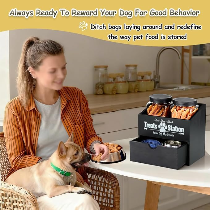 Pet Food Storage Container with Drawer, Wooden Dog Treat Container | Black Pet Food Storage with 2 Plastic Dog Treat Jars for Dog and Cat,Wood Cat Treat Container, Dual Desk & Wall Mount Design