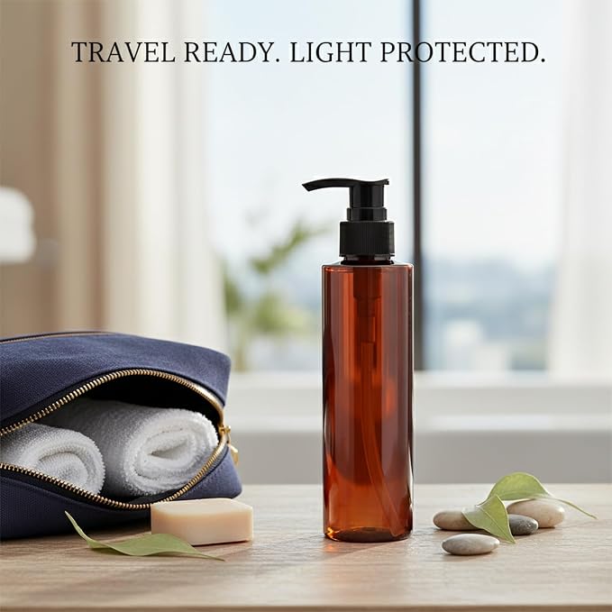 Amber PET Lotion Pump Bottle, Refillable Dispenser for Travel & Bathroom Storage, Black Finish