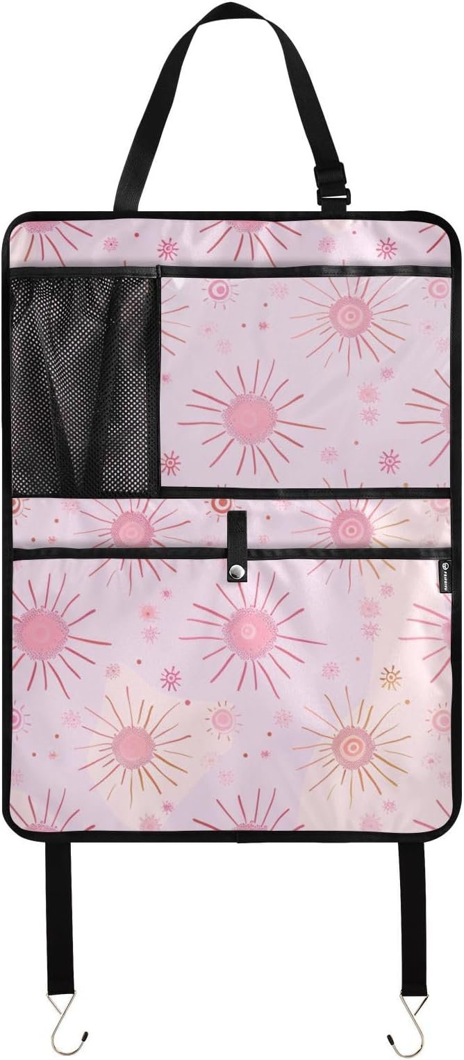 JIPONI Car Backseat Organizer, Pink Suns Automotive Back Seat Protector, Kick Mats with Storage Pockets for Kids Pets, Road Trip Accessories (2 Pack)