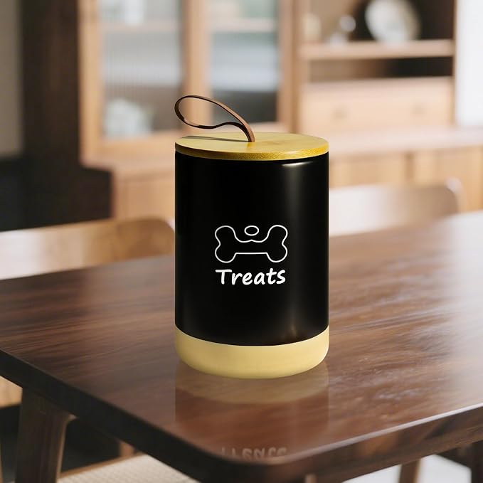 Dog Treat Container Airtight - 5 Inch Wide x 7.5 Inch Black Ceramic Dog Treat Jar for Kitchen Counter, Doggie Cookie Jar with Airtight Bamboo Lid - Farmhouse Style Dog Food Storage Container
