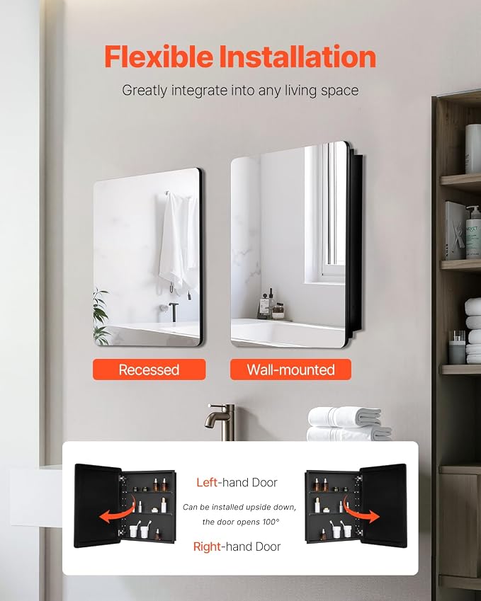 VEVOR Medicine Cabinet, 24 x 30 inch, Medicine Cabinet for Bathroom with Mirror, Aluminum Frame Bathroom Wall Cabinet, 2-Layer Adjustable Shelves, Recessed & Wall-Mounted Installation