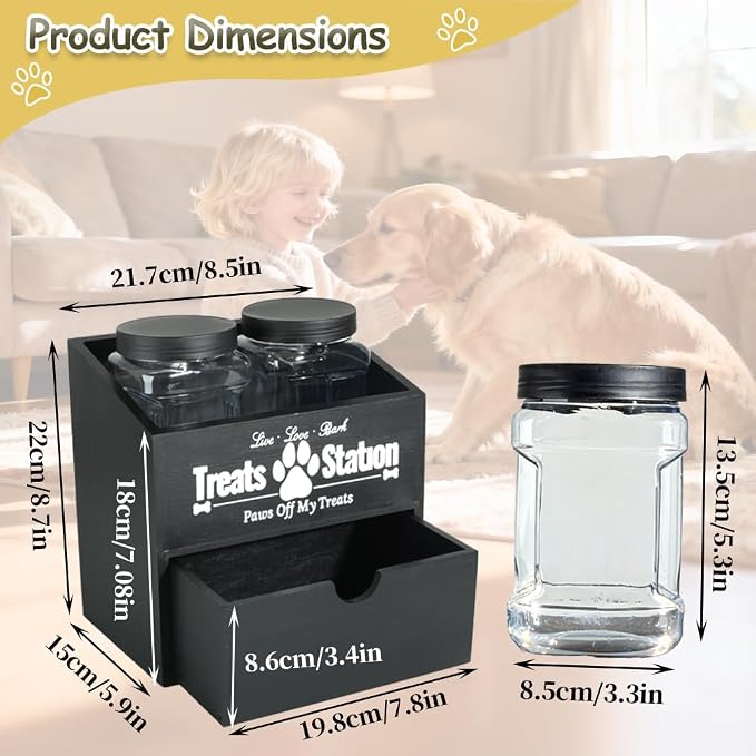 Pet Food Storage Container with Drawer, Wooden Dog Treat Container | Black Pet Food Storage with 2 Plastic Dog Treat Jars for Dog and Cat,Wood Cat Treat Container, Dual Desk & Wall Mount Design