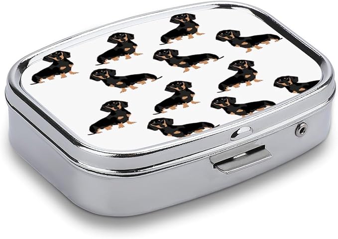 Metal Pill Organizer 2 Compartment Travel Pill Case with Mirror Waterproof & Leak-Proof Dachshund Weiner Pet Dogs Pill Boxes for Daily Meds Vitamins Supplements Fits in Purse Pocket Bag