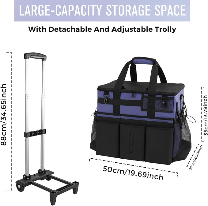 SCAVATA Rolling Cleaning Caddy Bag with Detachable Trolley, Large Cleaning Supplies Organizer with Wheels, Multi-Pocket Cleaning Cart with Adjustable Shoulder Strap for Housekeepers (CeruleanBlue)