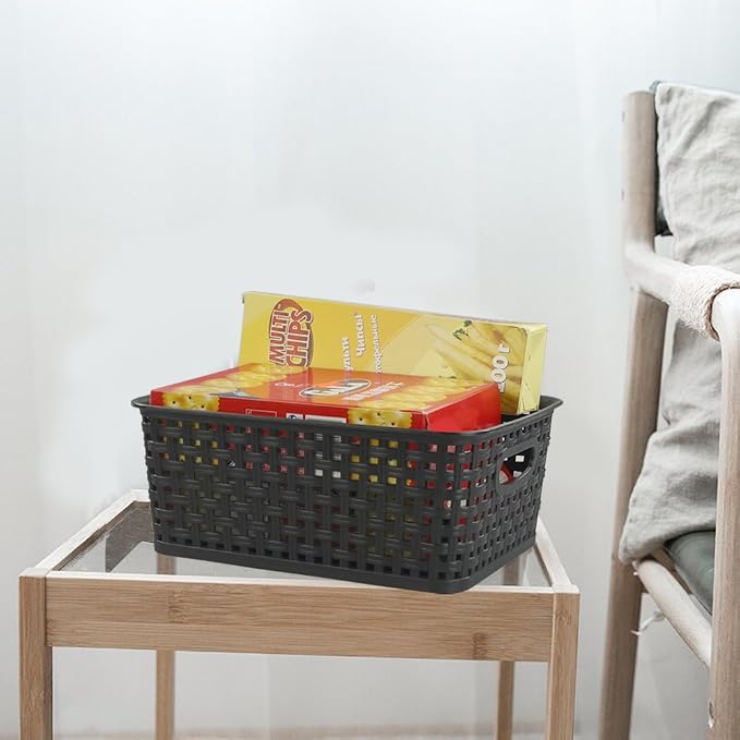 6-Pack Plastic Storage Basket, Woven Basket Bin | Breathable Woven Design, Plastic Structure, Cutout Side Handles, Ideal for Pantry, Cabinet and Office Supply Organization