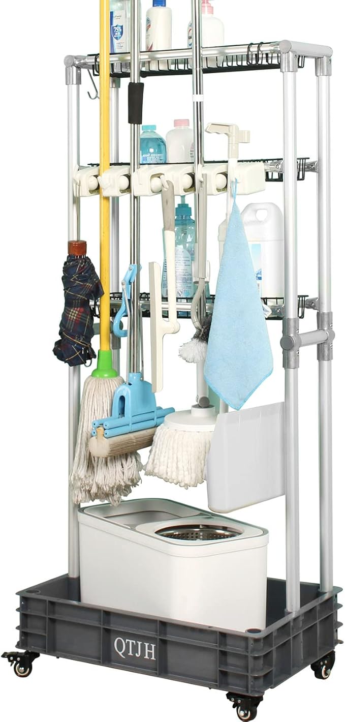 Storage Shelf Broom mop Holder Hold Your Cleaning Supplies Janitorial cart Steel Organizer Wire Rack