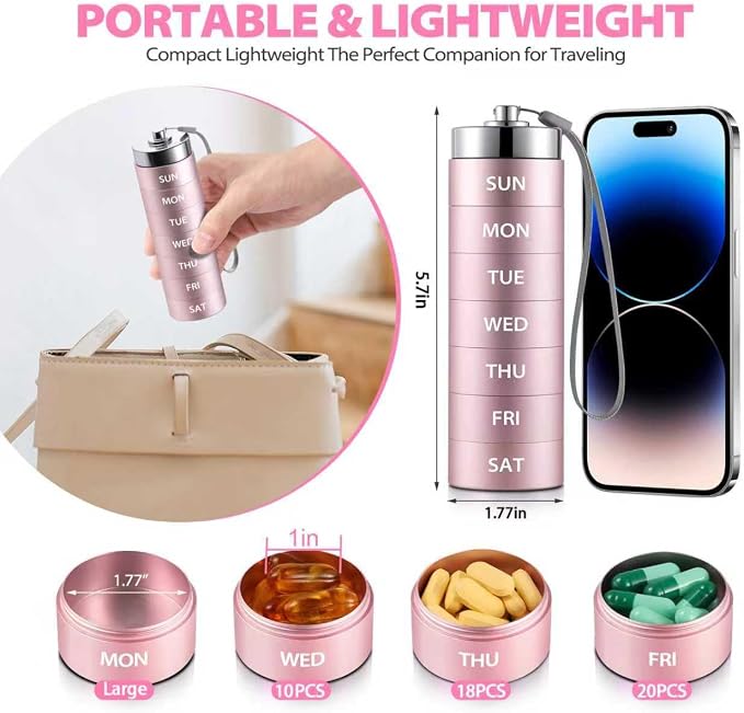 Metal Large Pill Organizer, Travel Weekly Pill Box, 7 Day Pill Container | OUVBTX Portable Aluminum Alloy Waterproof Case, 7 Day Daily Medicine Organizer Holder for Vitamin, Fish Oil, Supplement, Pink