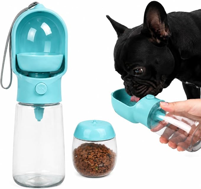 2-in-1 Dog Cat Portable Water & Food Travel Dispenser Bottle (Blue) | 2-in-1 travel pet cup with 500ml water & 180ml food storage, leak-proof portable feeder for dog cat walking hiking trips
