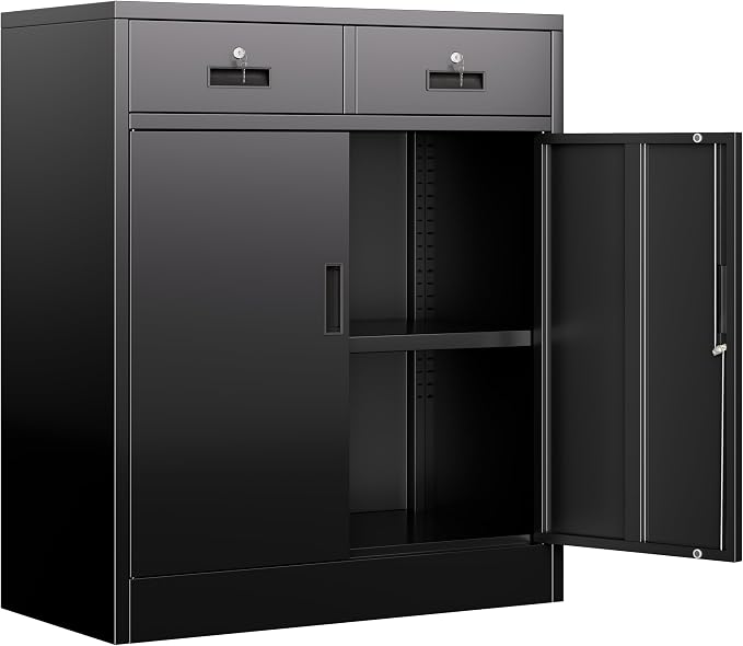BESFUR Metal Garage Storage Cabinet with Two Lockable Drawers 2 Locking Doors and an Adjustable Shelf, 36" Black Metal Short Storage Cabinet for Home Office,Garage,School,Utility Room
