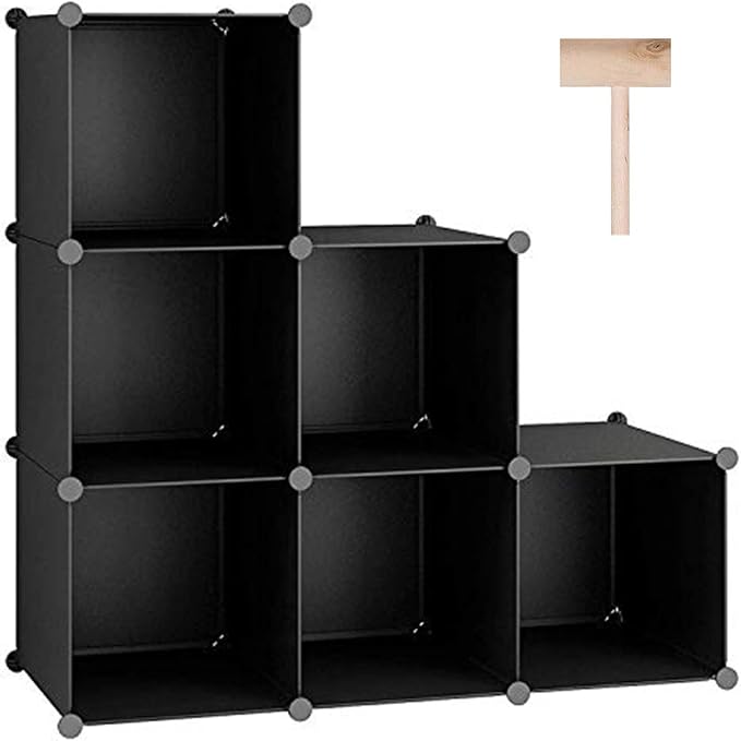 C&AHOME 6-Cube Storage Organizer Cube Shelf Closet Storage Bookcase, Black | Stackable Cubby Storage, Bookshelf, Portable Plastic Storage Closet Organizer, DIY Modular Shelving Units for Home, Wardrobe