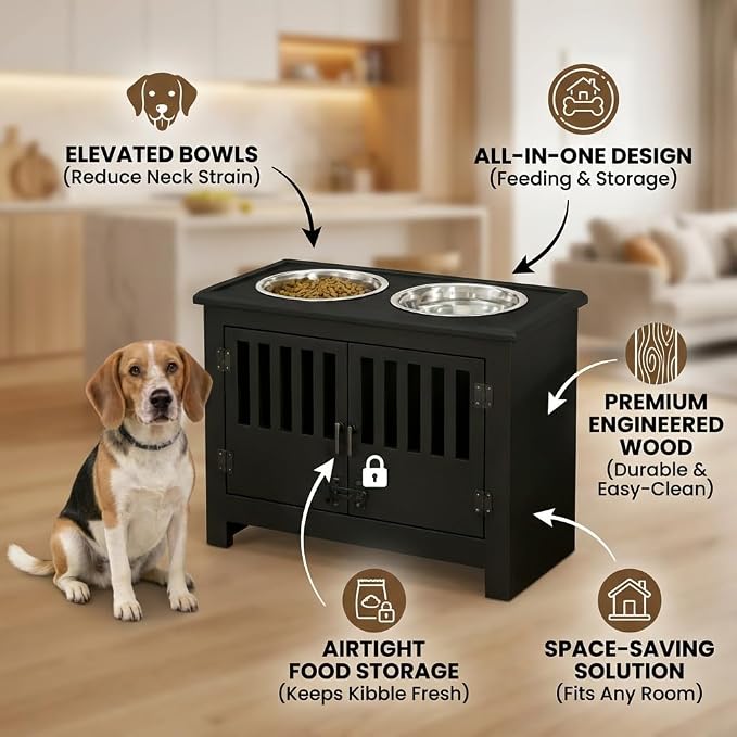 TTCOLATOPIA Elevated Dog Feeding Station with Food Storage Cabinet, Pet Food Organizer for Dogs, Elevated Dog Bowl Stand with Airtight Container, Wooden Dog Feeder Station for Indoor Use