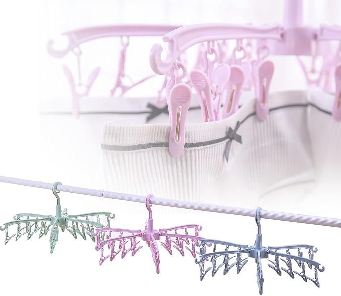 Clothes Sock Drying Hanger with 24 Clips,Foldable Hanging Rack | for Drying Socks Lingerie Baby Clothes Drying Towels Rotatable Sock Drying Rack with 24 Pegs Clips(blue)