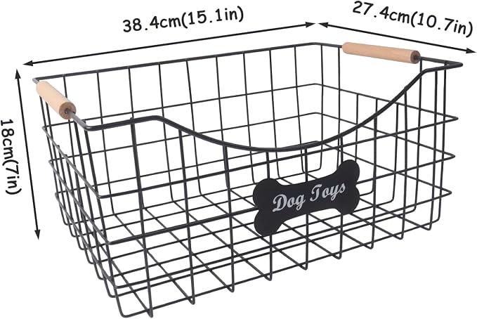 Metal Dog Toy Basket,Indestructible Dog Toy Bin with Wooden Handle,Sturdy Pet Storage Organizer,Ideal for Dog Leash,Blanket,Snacks-15.1 (L) x 10.7 (W) x 7 (H) inches