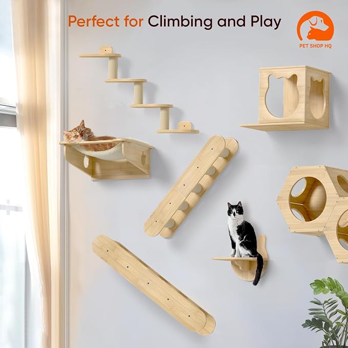 Wall-Mounted Cat Furniture for Climbing - Indoor Wooden Floating Shelves, Perches, Hammock, Bed, Bridges, and Walkways - Different Models Available