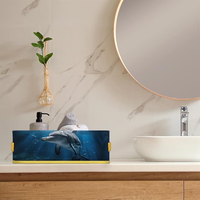 Sunshine Dolphin Undersea Bathroom Storage Basket, Foldable with Handle Open Countertop Paper Towel Decorative Box, Toilet Tank Top Shelf Baskets for Home Closet Bedroom Living Room Office