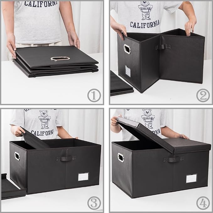 Collapsible Storage Box with Lid [3-Pack] Leather Fabric Foldable Storage Bin Organizer Container Basket Cube with Cover for Home Bedroom Closet Office Nursery Black(22.8X15.7X11.8)
