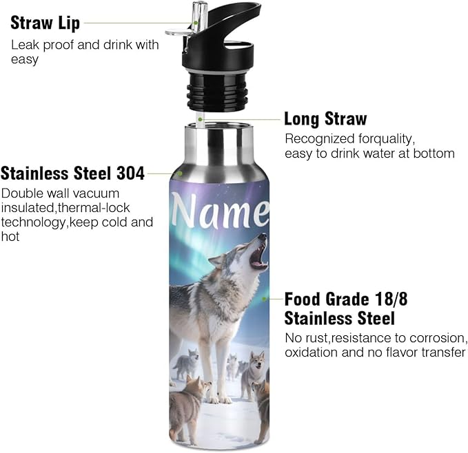 Custom Name Wolf Aurora Water Bottle with Straw Lid Kids Insulated Stainless Steel Water Flask Sports, 20 Oz Hot Cold