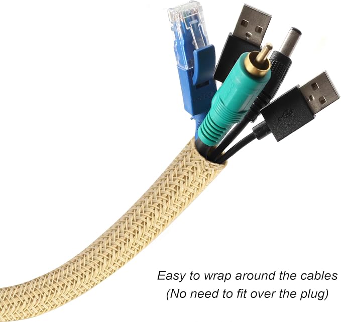 Cable Management Sleeve, Split Design, 10FT - 1 Inch, Beige | Cord Protectors from Pets | Heat & Abrasion Resistant Wire Loom | Automotive Wiring & Home Office Cable Organization