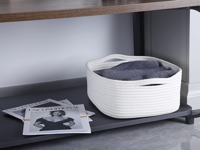 Woven Cotton Rope Storage Basket, Cube Changing Table Organizer for Closet Towels, Baby Nursery Bin, Small Dog Cat Toy Box, Gift Baskets empty (White)