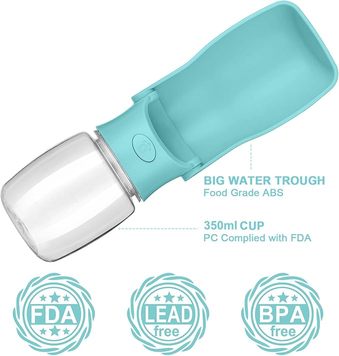 Foldable Dog Water Bottle, 2in1 Portable Leak Proof Puppy Drinking Bottle Dispenser for Puppy Small Medium Large Dogs, Dishwasher Safe Pet Accessories for Outdoor Traveling (Blue,12oz)