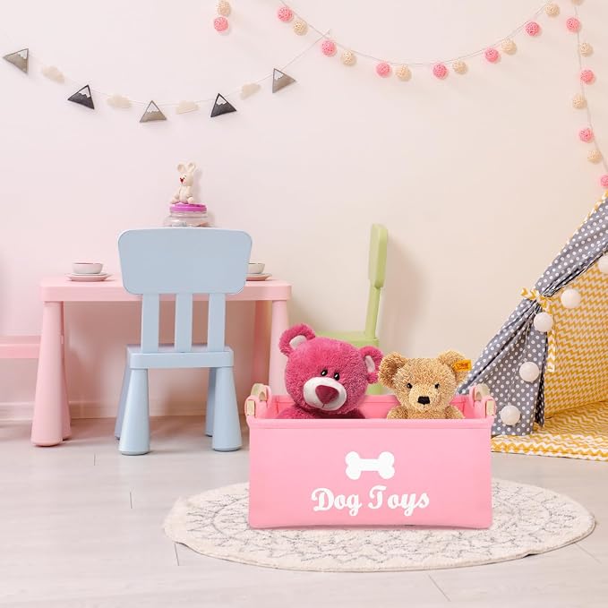 Felt Pet Toy Storage Box with Wooden Handles Lightweight Portable Organizer Bin for Household Pet Toys and Sundries 15.35X11.02X6.69 Inch Foldable Storage Container