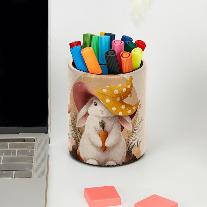 Faux Leather Pen Holder for Desk, Pencil Organizer Cute Easter Bunny Pen Cup Desk Decor Makeup Brush Holder Storage for Office Home