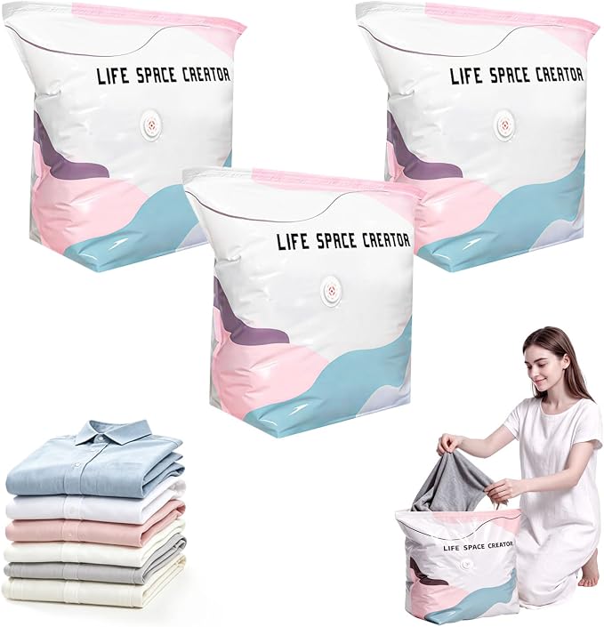 3PCS No Pump Vacuum Storage Bags, No Pump Large Vacuum Storage Compression Bags, Thick Airtight Reusable Organizer for Clothes Comforters Travel Moving Closet Storage (M)