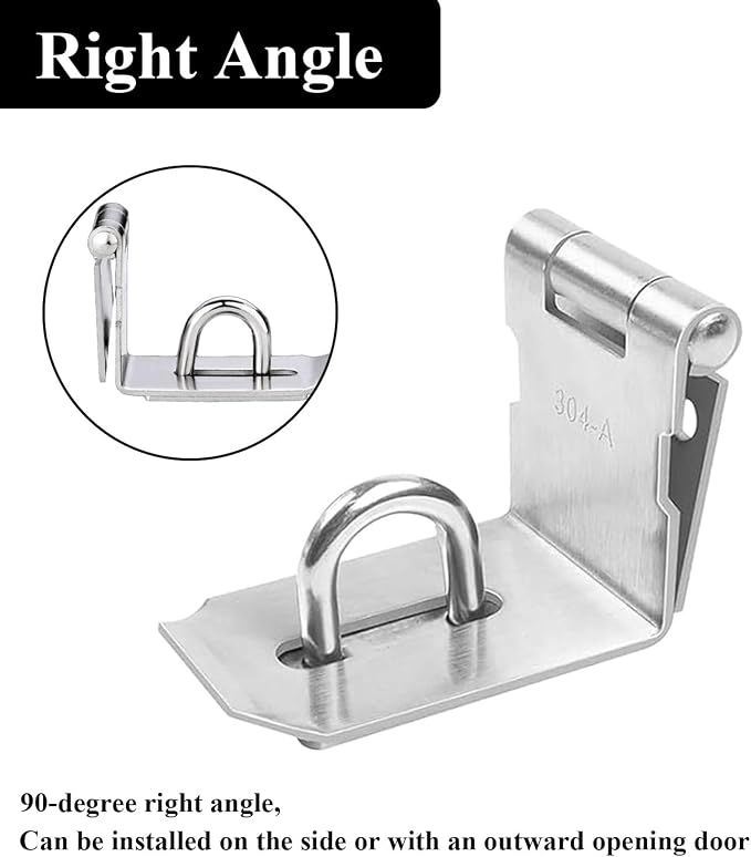 2 Pack 90 Degree Stainless Steel Padlock Door Clasp, 4 Inch Security Lock Latch Hasp, for Garden Wooden Gate, Shed Barn Door, Closets, Cabinets, Pet Cage, Storage Box, Silver
