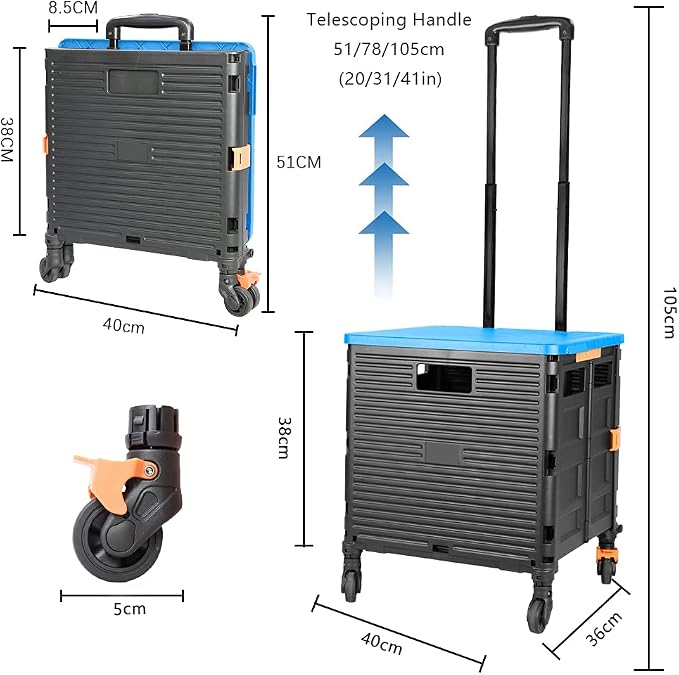 FELICON SELORSS Foldable Utility Cart Folding Portable Rolling Crate-Blue | Heavy Duty,Telescoping Handle,4 Rotate Wheels,Collapsible Handcart for Travel Shop Move Luggage Laundry Teacher Office Use