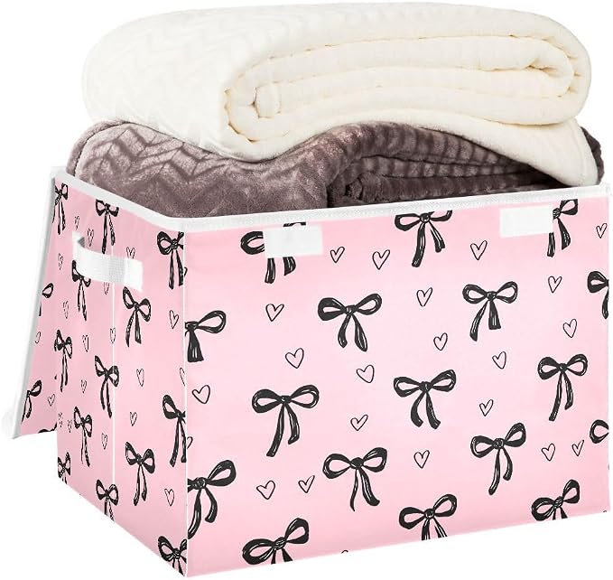 Bow Love Storage Bins with Lids Closet Bedroom 40L Fabric Bin | Decorative Storage Boxes, Foldable & Stackable, Dust-Proof Flip Top, Reinforced Handles, For Home & Dorm, Clothes & Toy Box